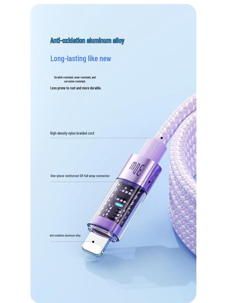 PD100W Transparent Flash Charging Cable for iPhone 14/12 with Light Data Connector