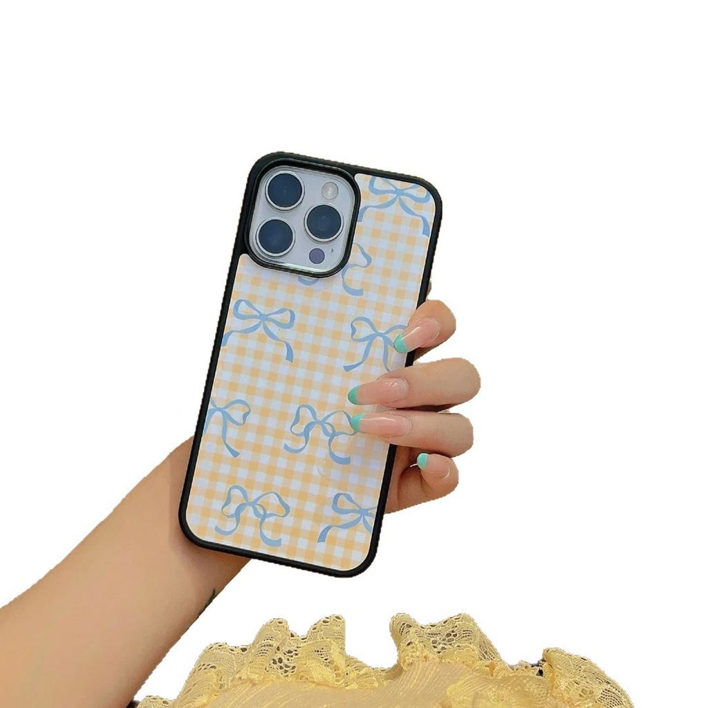 ins yellow plaid bow for iPhone17Pro mobile phone case 15 matte PC16 girl 13 large holes 14 hard