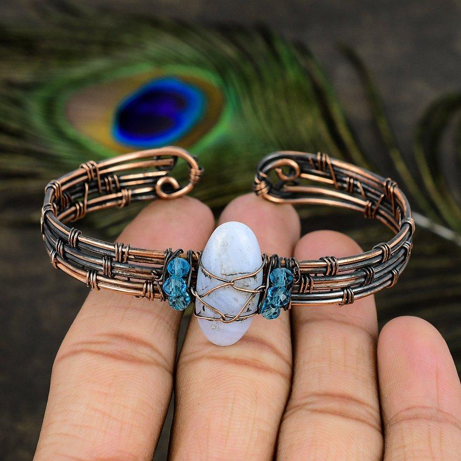 Natural Blue Lace Agate Gemstone Copper Wire Wrap Cuff Bangle Adjustable k7A58