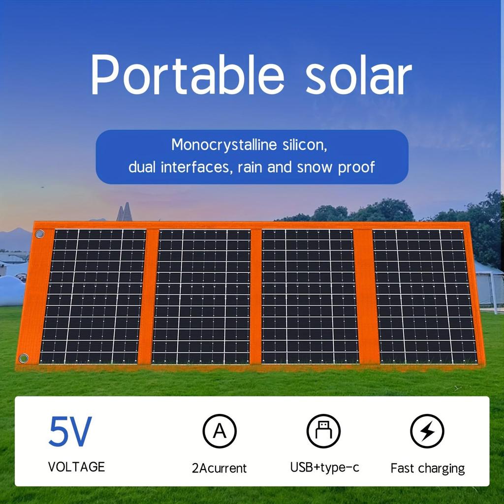 Foldable solar panel chargers, suitable for mobile phones, power banks, and tablets. Ideal for camping, hiking, and backpacking
