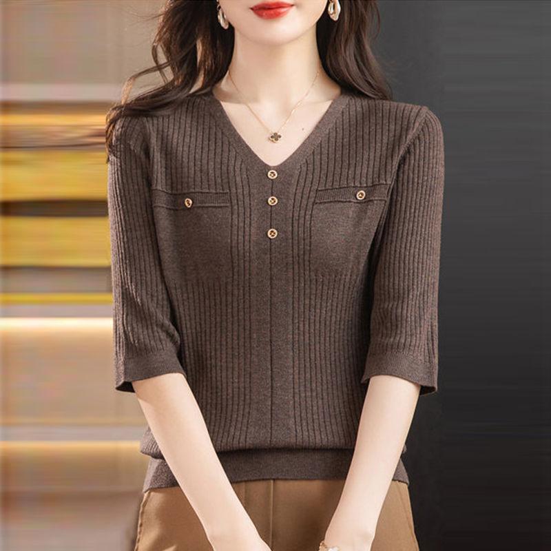 Fashion Women Clothing Solid 3/4 Sleeve Sweater Spring Autumn New Bottoming V-neck Loose Korean Casual Knitted Pullovers Tops