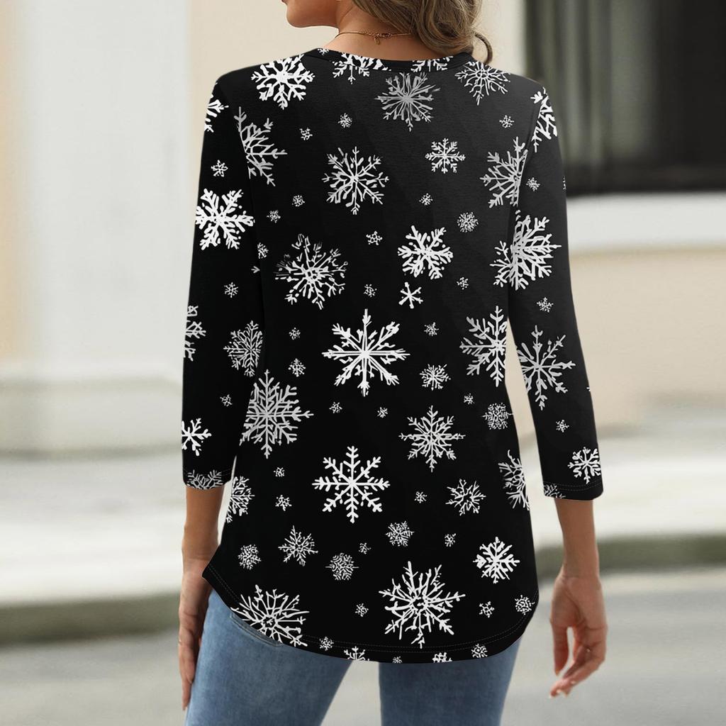 Women's Fashion Casual Christmas Tree Print V-Neck Decorative Button Three-Quarter Sleeve T-Shirt Top