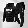 Mens Winter Hooded Sweatshirt Set With USA Flag Print Casual Sportswear Long Sleeve Top Pants