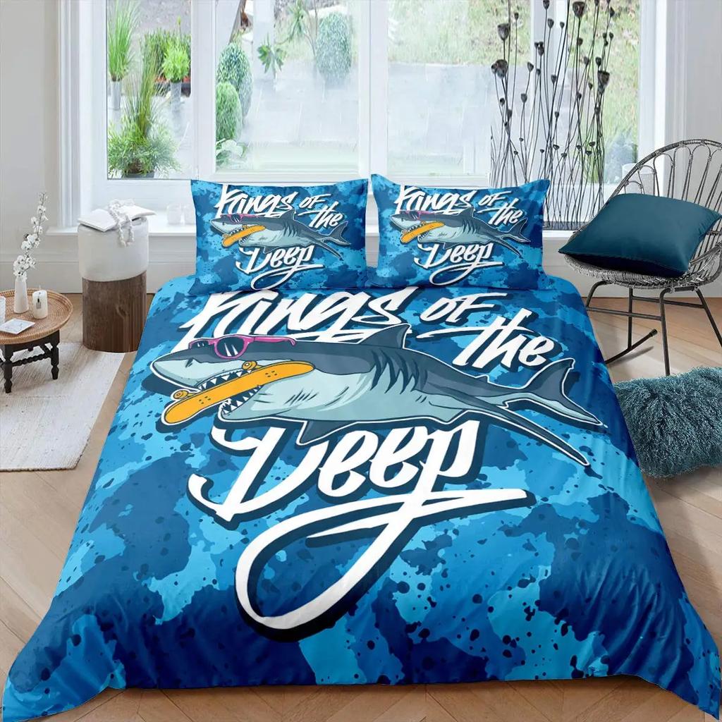 Copripiumino per Bambini con Stampa di Pesce Squalo Cartone Animato Blu e Bianco Decorazione di Lusso per la Camera da Letto di Bambini e Adolescenti Regalo Misura Queen