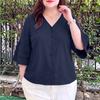 Women V-Neck Solid Color Casual Ruffles 3/4 Sleeve Blouse