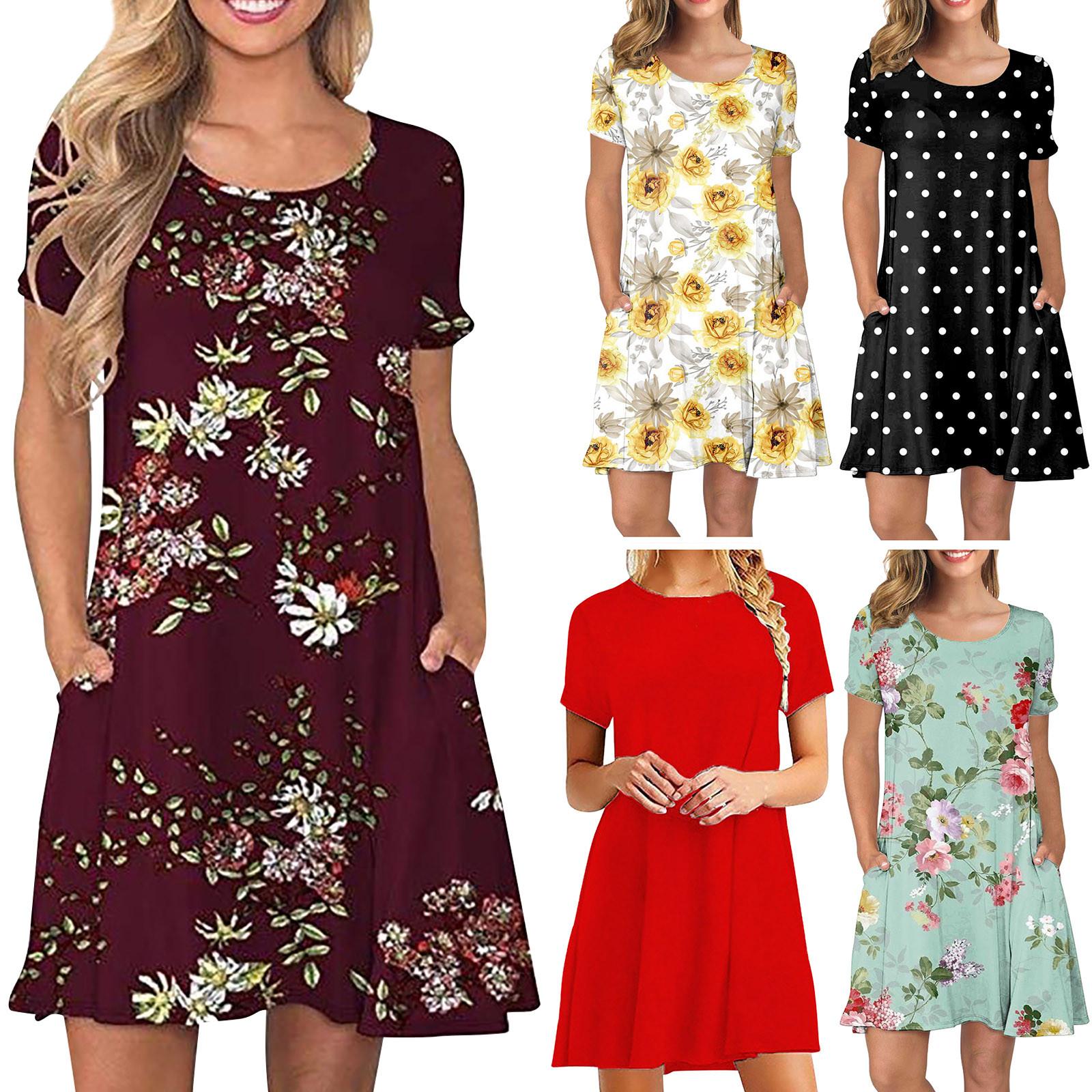 

Женское модное свободное повседневное платье с круглым вырезом и карманом с короткими рукавами