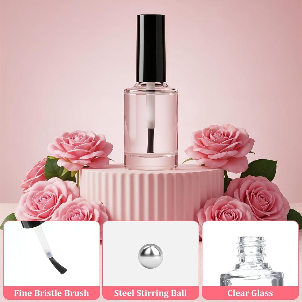 2 Pcs Empty Fingernail Polish Bottles Empty Nail Polish Bottles with Brush 15ML Glass Bottle with Cap Funnel Mixing Balls Clear Nail Polishes