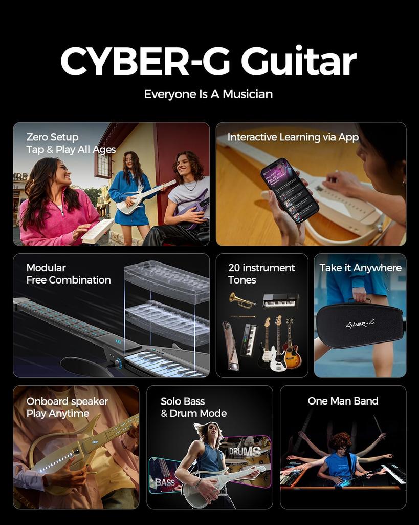 Enya Akıllı Telssiz Taşınabilir Çok Fonksiyonlu Uygulama Akıllı Akor Yüzlerce Enstrüman Başlangıç Seviyesinden Profesyonel Seviyeye Kadar CYBER-G Gitar, Gitar,