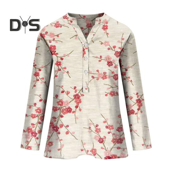 

Жіноча сорочка з коміром-стійкою, V-подібним вирізом, ґудзиками, напівпланка, пуловер з довгим рукавом, топи, квітковий принт, вільна блузка M червоний