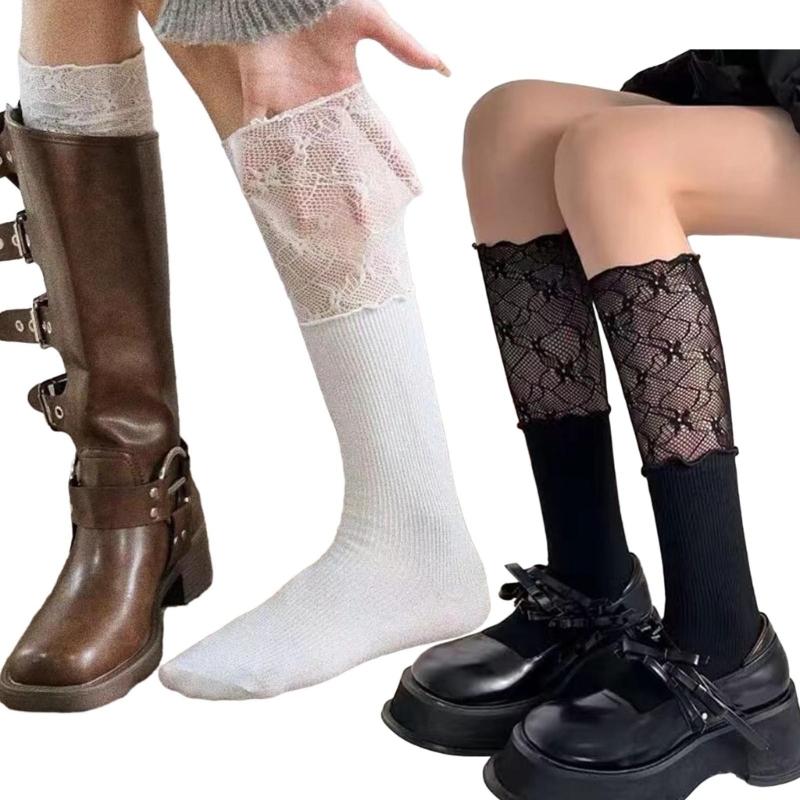 Women Sweet Lace Patchwork Ruffle Frilly Over Calf Socks Japanese JK Girls Ballet Style Solid Color Long Tube Boot Socks