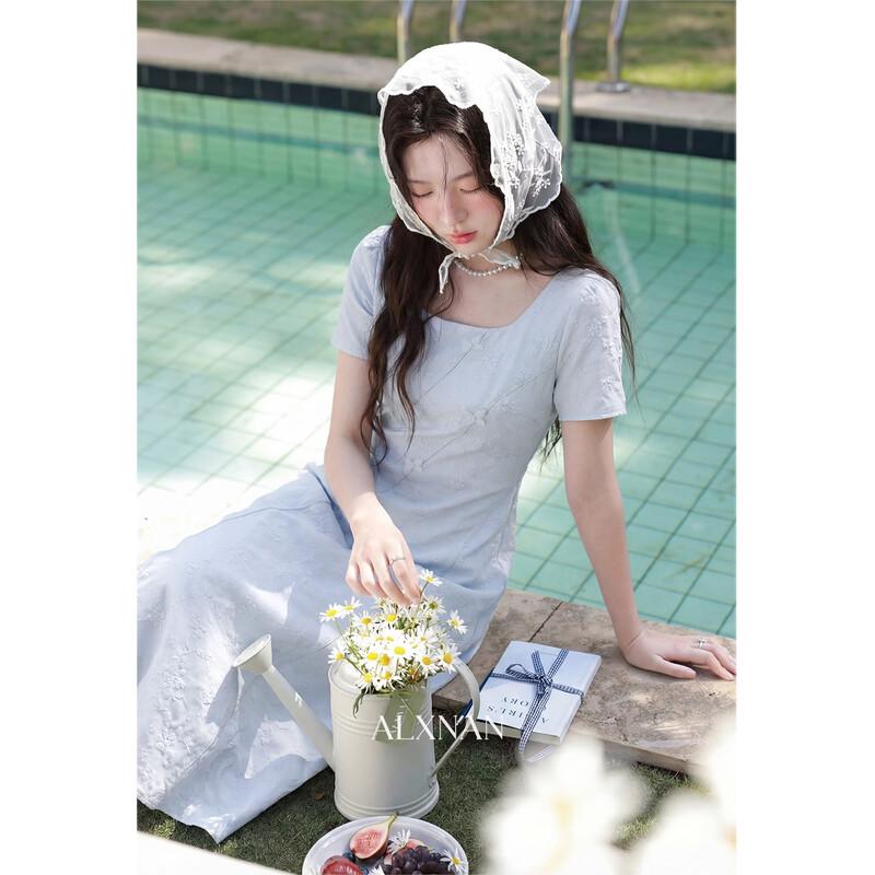 Luxiangnan Women's French Style Blue Summer Dress
