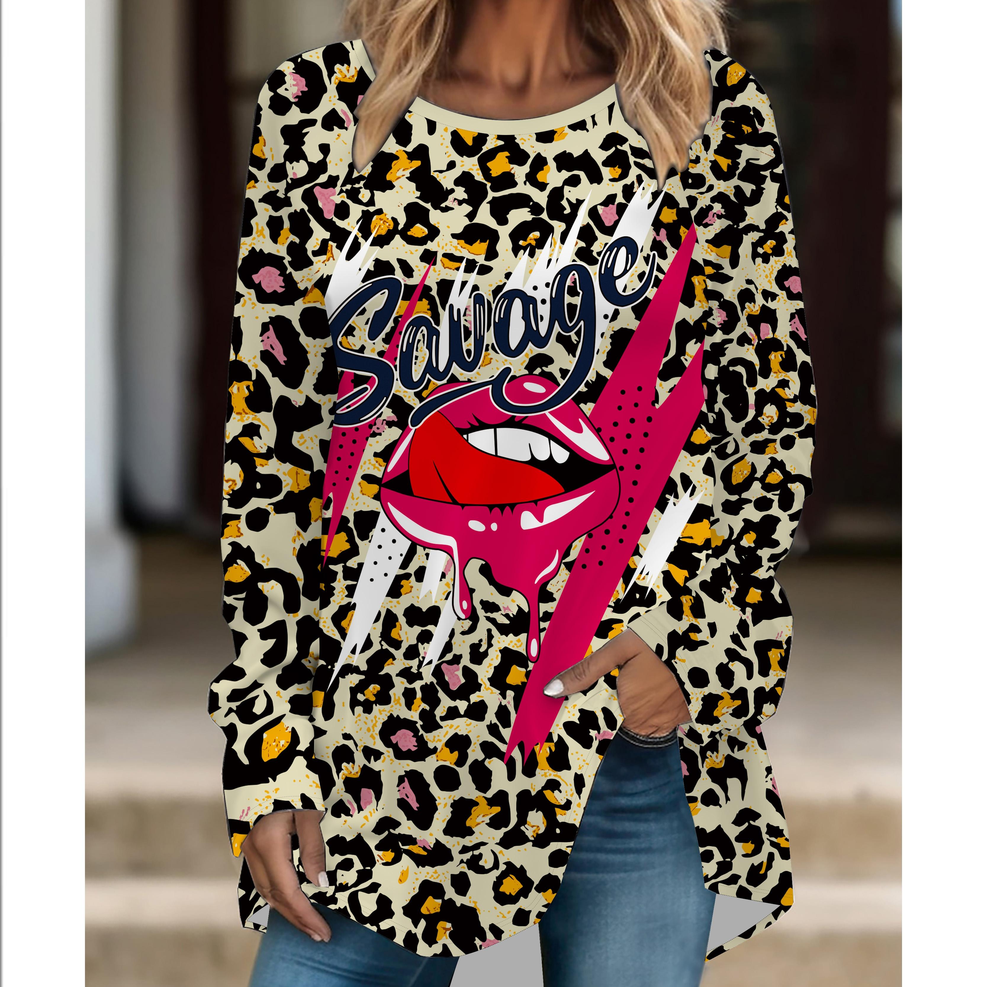 

Женская модная футболка большого размера с леопардовым принтом, удобная, с длинным рукавом и круглым вырезом, повседневная, свободного кроя, средней длины 6XL жёлтый