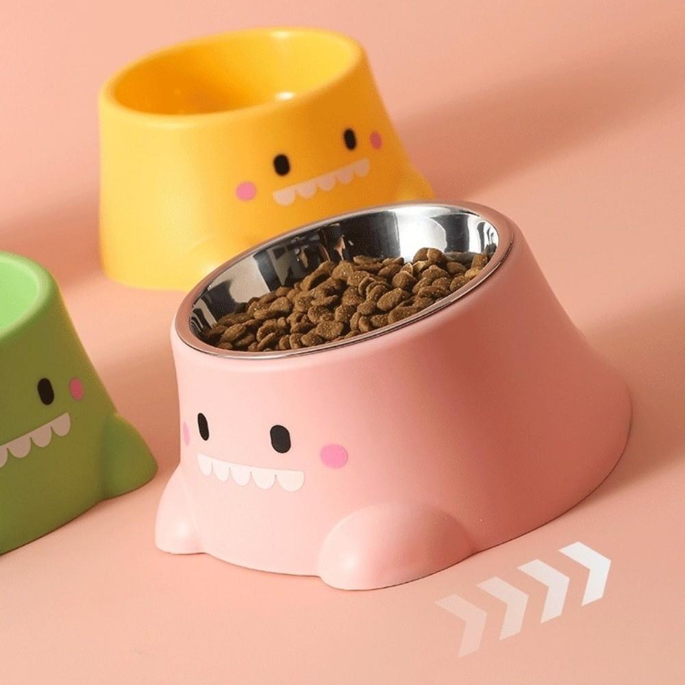 15° Tilted Cartoon Dinosaur Pet Bowl Anti-Knock Leak-proof Dog Water Feeders Stainless Steel Detachable Neck Support Feeder