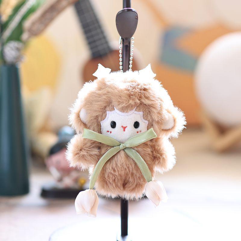 Cute Tulip Lamb Plush Keychain Fluffy Soft Stuffed Pendant Detachable Wrist Lanyard for Girls Birthday Gift
