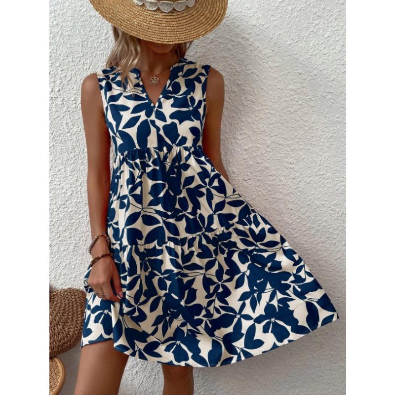 Elegant Sleeveless V Neck Floral Print Boho Mini Dress Summer Ruffle A Line Party Tank Dress Large Size Women Casual Loose Oversize Beach Sundress