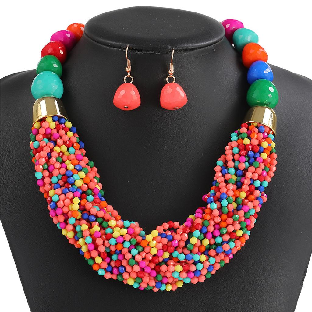 Bohemian Layer Beaded Necklace and Earrings Set Plastic Jewelry for Women Music Festival Beach Party Accessories