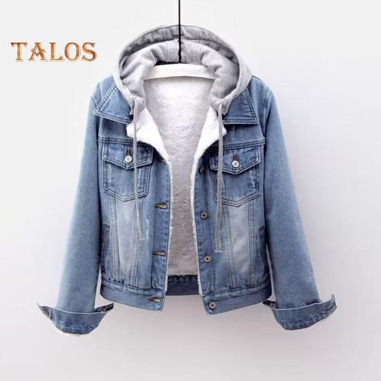 Women Jacket Thick Fleece Lined Solid Color with Pockets Lapel Single-breasted Long Sleeves Warm Loose Denim Jacket Daily Outdoor Coat