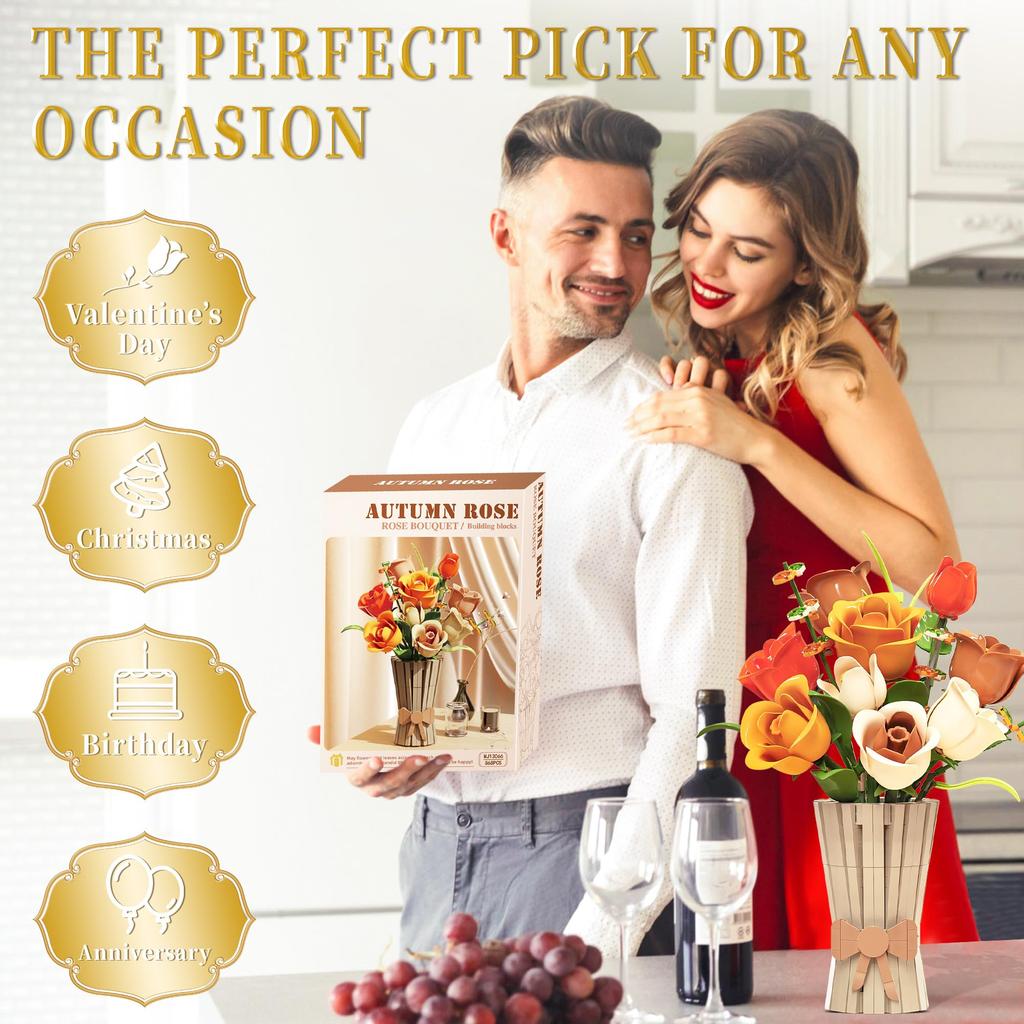 Netoxické 868 ks Kytice růží Stavebnice Věčná váza na květiny Modelové cihličky Domácí dekorace Ozdoby Romantický dárek pro děti Dětské DIY hračky