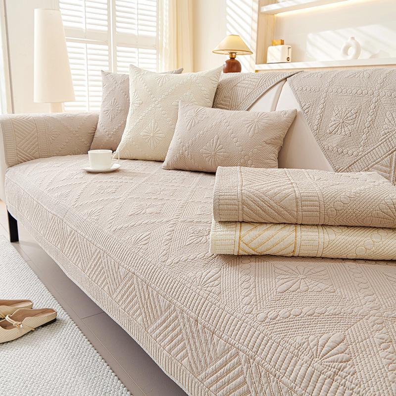 Four Season Universal Pure Cotton Sofa Cover Fabric Anti Slip Simple Nordic Sofa Cover Cream Style Straight Row Sofa Cover Towel
