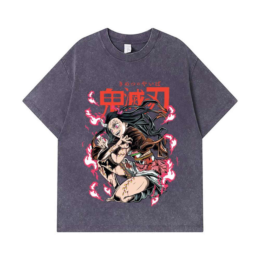 275 GSM Washed T-shirts 100% Cotton Demon Slayer V71 Nezuko Demon Print Unisex Heavy Cotton T Shirt