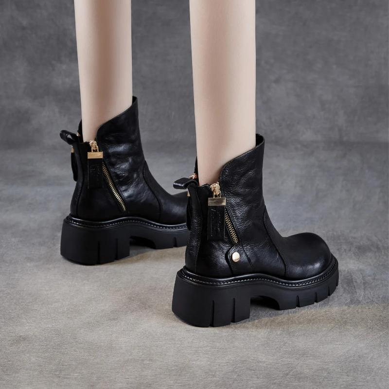 Johnature Retro Thick Soled Side Zipper Women's Short Boots Genuine Leather Knight Boots
