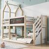 (=AB30307123W) Stapelbed 90x200, Boomhut Design incl. Krijtbord, Valbeveiliging - 2x Lattenbodem - Naturel & Wit (Zonder matras)