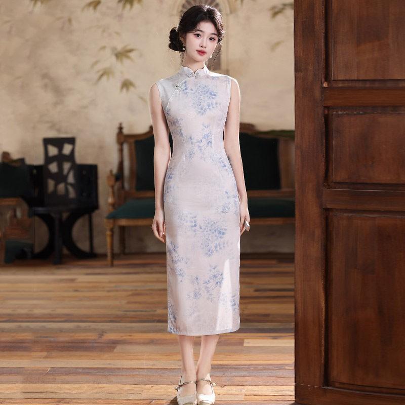 Long Sleeveless Cheongsam Dress In Blue White Porcelain Print Modern Chinese Style Women 2026 Small