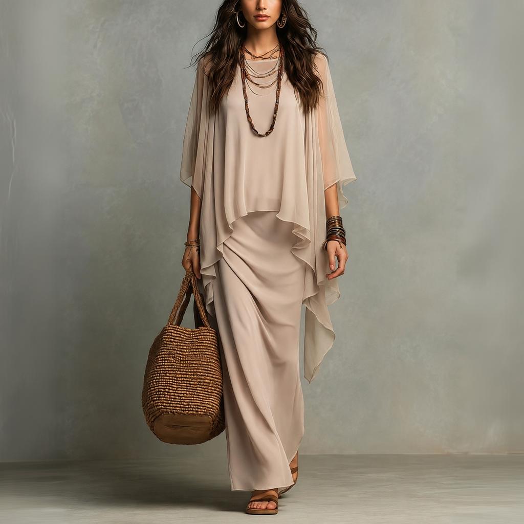Ensemble robe longue deux pièces en mousseline pour femme avec châle enveloppant pour les vacances d'été