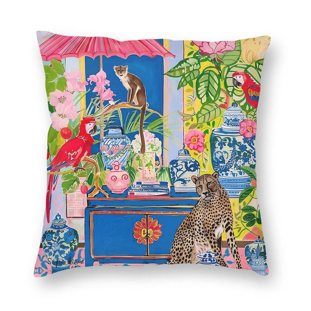 Cheetah Monkey Macaws Chinoiserie Pillowcase Polyester Linen Velvet Creative Zip Decor Pillow Case Sofa