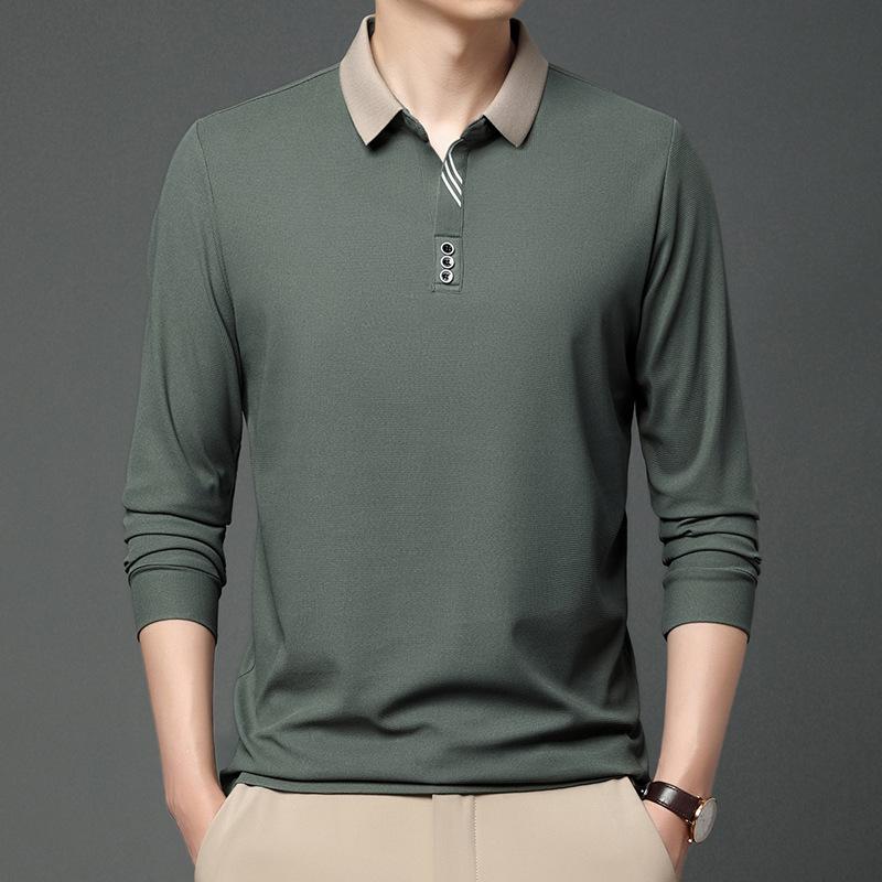 Polo de Manga Comprida Masculino de Primavera Gola Virada Cor Sólida Respirável Confortável Camisetas Casuais com Botões T-shirt Masculina