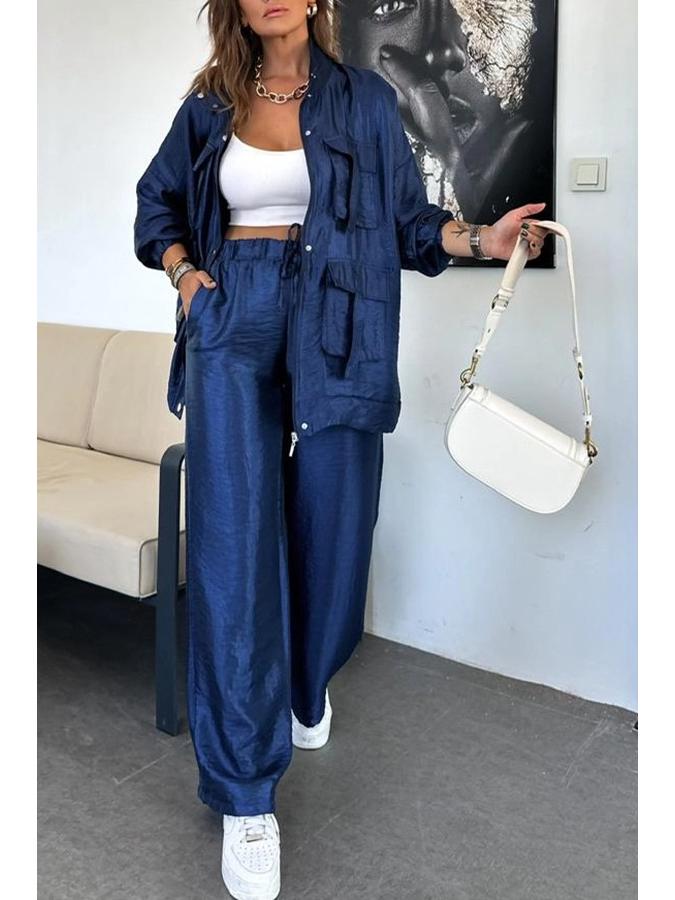 

Европейский и американский женский модный костюм-двойка: Брюки прямого кроя и куртка с длинным рукавом и 3D карманами 3035. XL синий