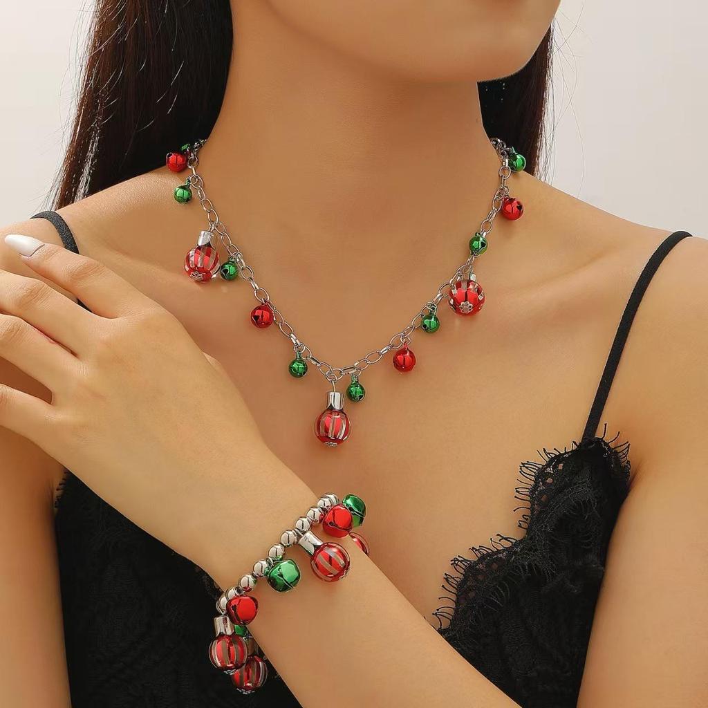 European Retro Christmas Necklace & Colorful Bell Bracelet Set - Festive Jewelry Gift for Women