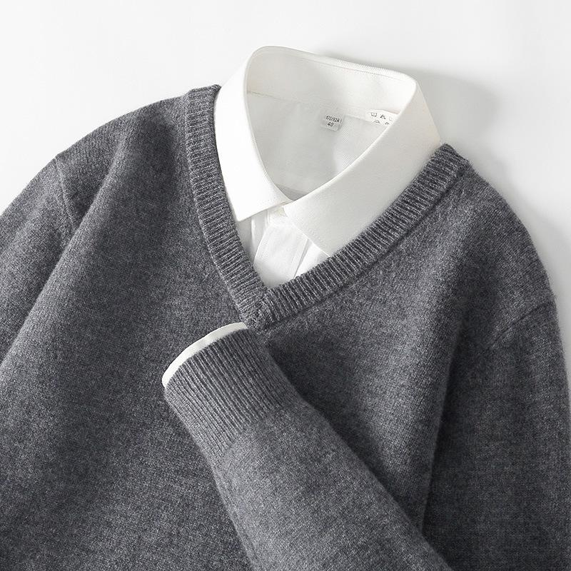 Men's 100% Wool V-Neck Sweater - Solid Color, Loose Fit, Long Sleeve Knitwear