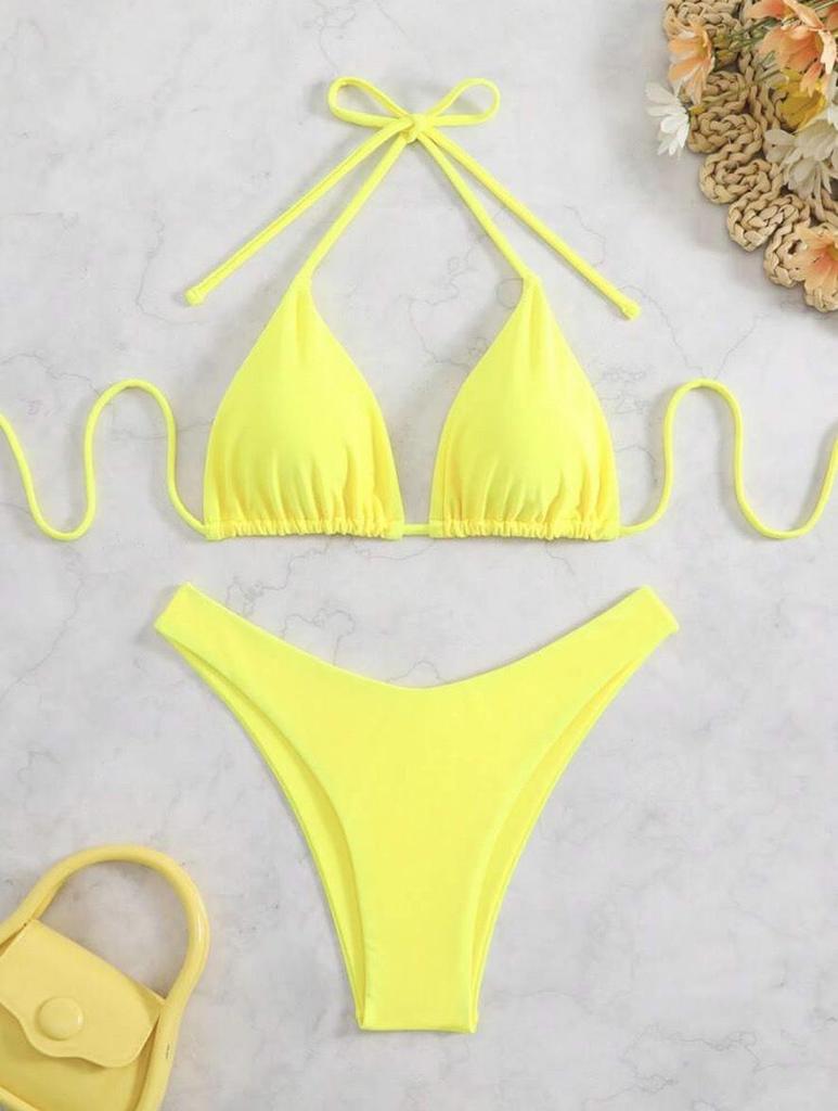 2025 Damen einfarbiger Träger-Bikini Zweiteiler - Europäischer & Amerikanischer Stil, Sexy Split-Design