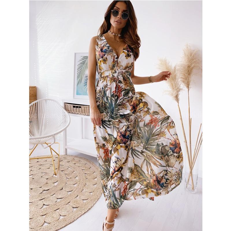 Boho Dress Sexy Deep V Neck Dress Printed Backless Maxi Dress Summer Beach Sleeveless Lace Up Dress