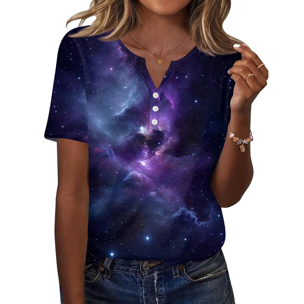 Damska Koszulka z Nadrukiem Guziki Krótki Rękaw Codzienna Weekendowa Moda Podstawowy Dekolt V Regularny Top