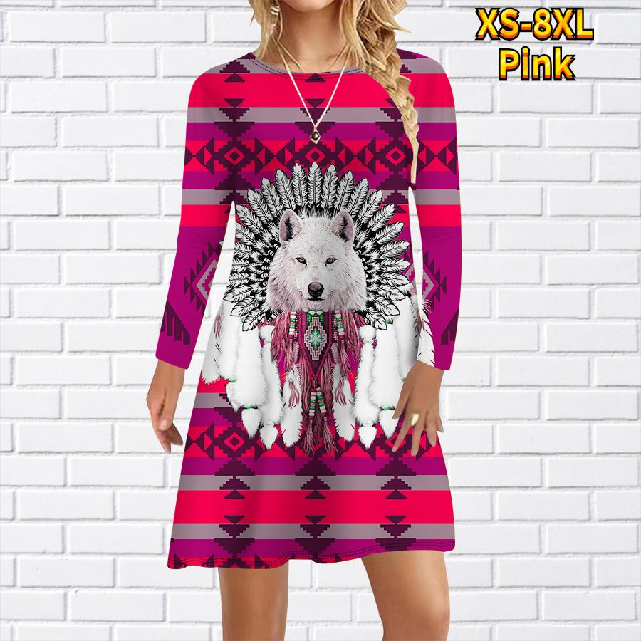 Lässiges Kleid für Damen mit Wolfsstamm-Print, Kleider für Damen, O-Ausschnitt, kurzärmelig, Übergröße