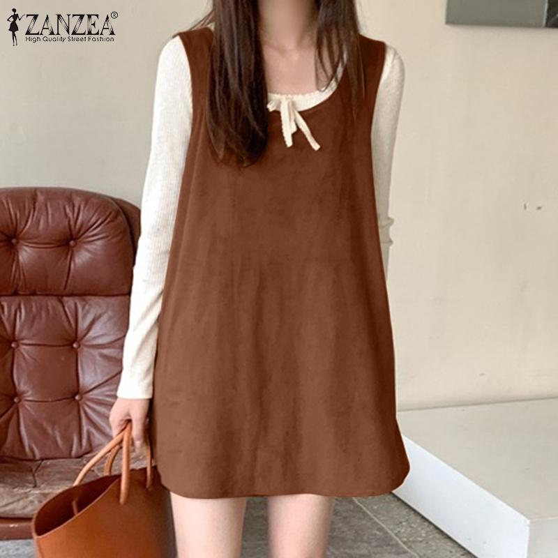 

ZANZEA женские однотонные свободные короткие замшевые платья без рукавов с U-образным вырезом и спиной