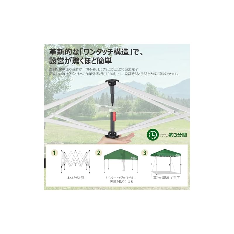 HomeGround One-Touch Tarp Tent, 3m X 3m [Center Lock], Easy Assembly! Includes 2 Side Curtains [Highly Water-Resistant PU + UV-Cut Silver Coating],