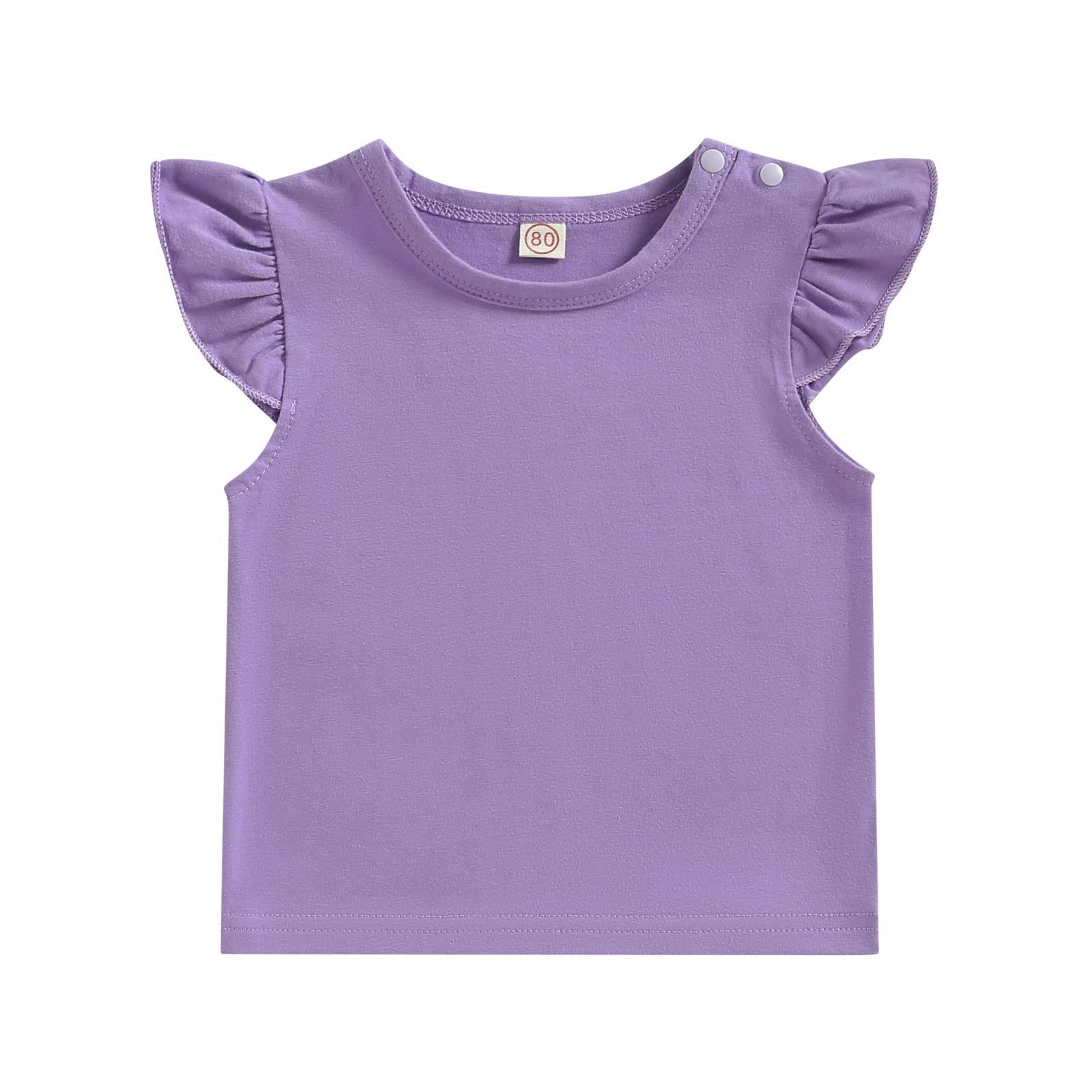 

Рубашка для девочек, рукав-крылышко, круглый вырез, однотонная, для уличной вечеринки, повседневная, свободная, весна-лето 18-24 Months фиолетовый