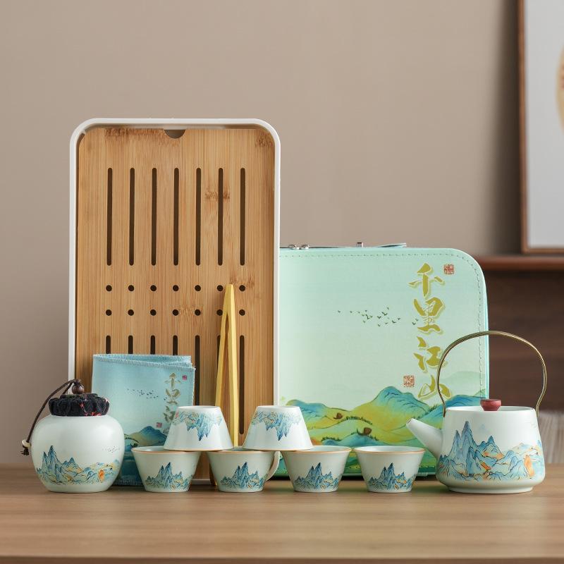 Company annual meeting gifts thousands of miles of Jiangshan Ru kiln travel tea set teapot souvenir portable Kung Fu Kuaike cup