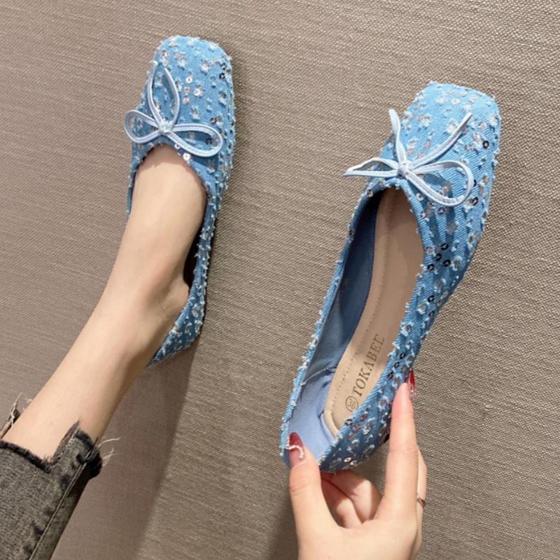 

Fashion 2025 Spring New French Style Flat Shoes Fashion Versatile Elegant Bow Women Flats Shallow Mouth Soft Sequin Women Shoes Mujer 40 светло-синий