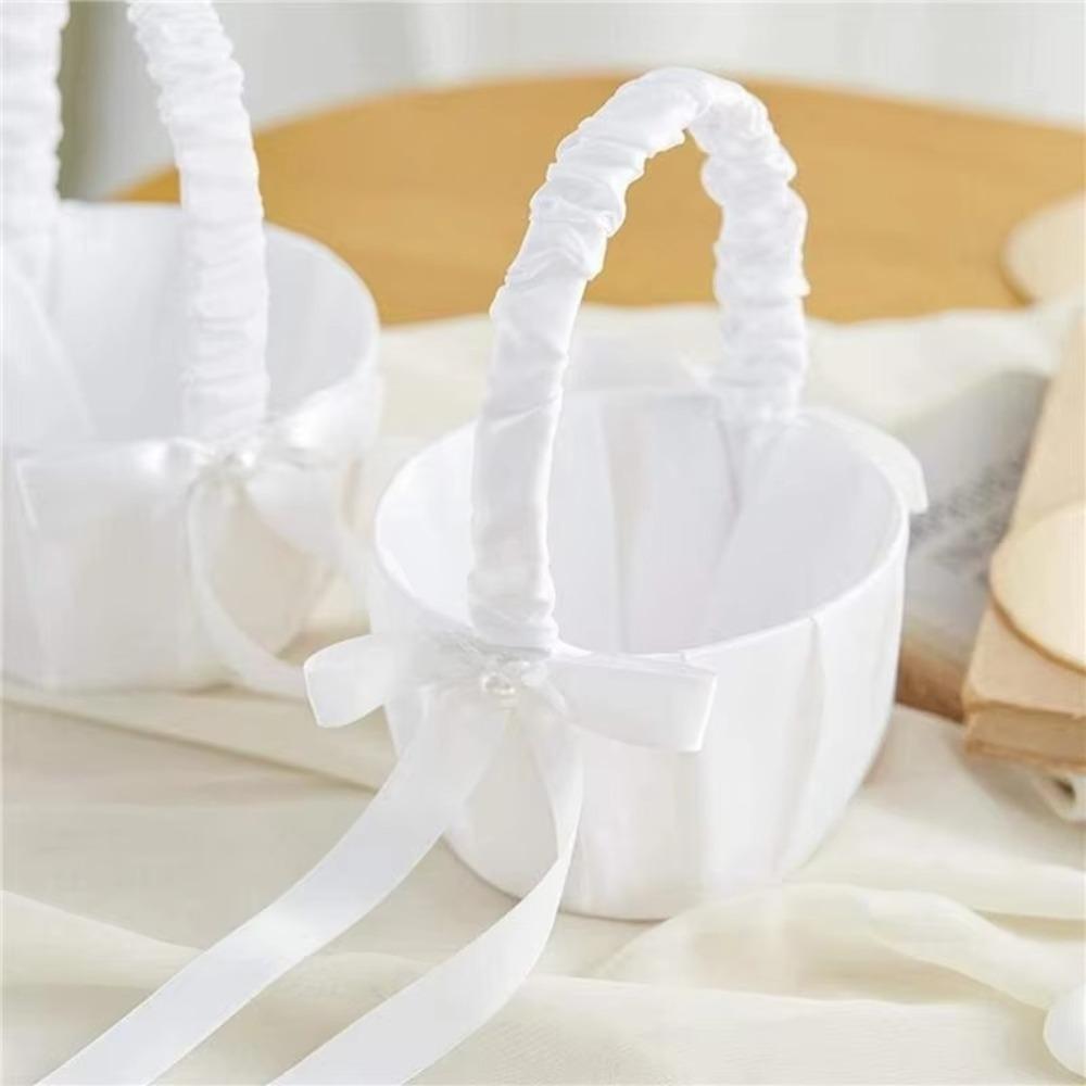 20 Cm White Flower Girls Basket Pearl Bow Kids Hand Held Wedding Basket Silk Wedding Ceremony Party Decorations