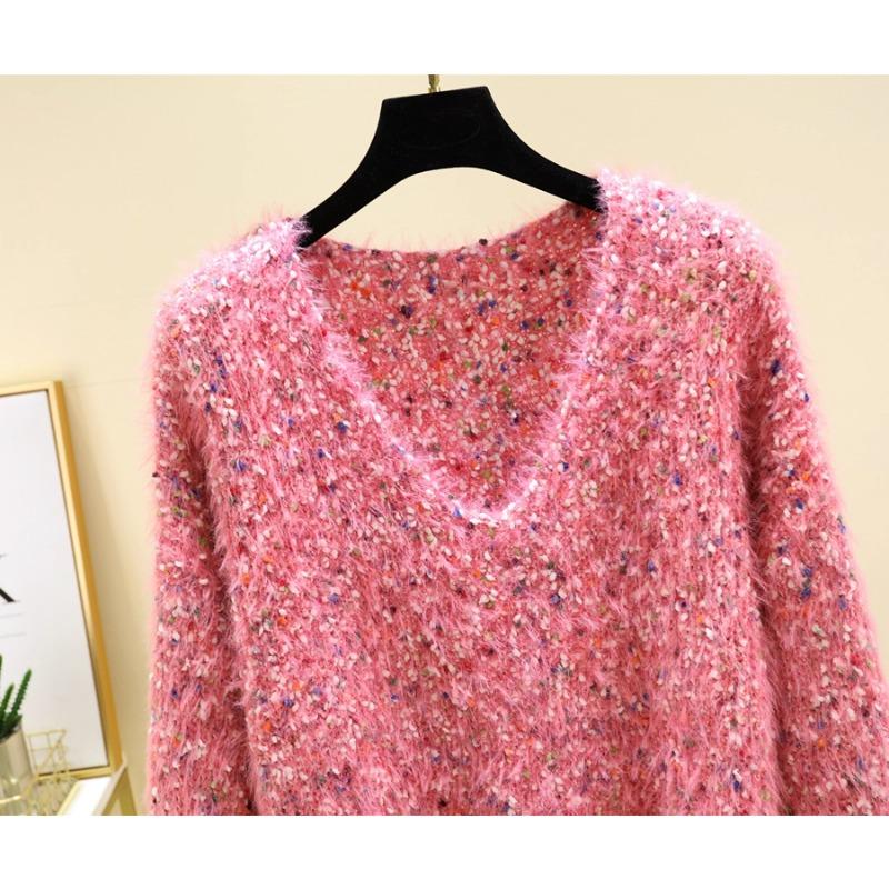Autumn Winter Women Sweet V-neck Soft Furry Mohair Knitted Sweater Christmas Pullover Tops