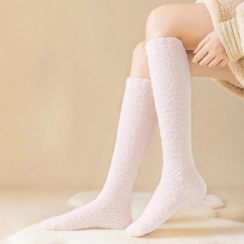 New Soft Coral Fleece Women Stockings Winter Solid Color Warm Thigh High Stockings Home Keep Warm Over Knee High Long Socks