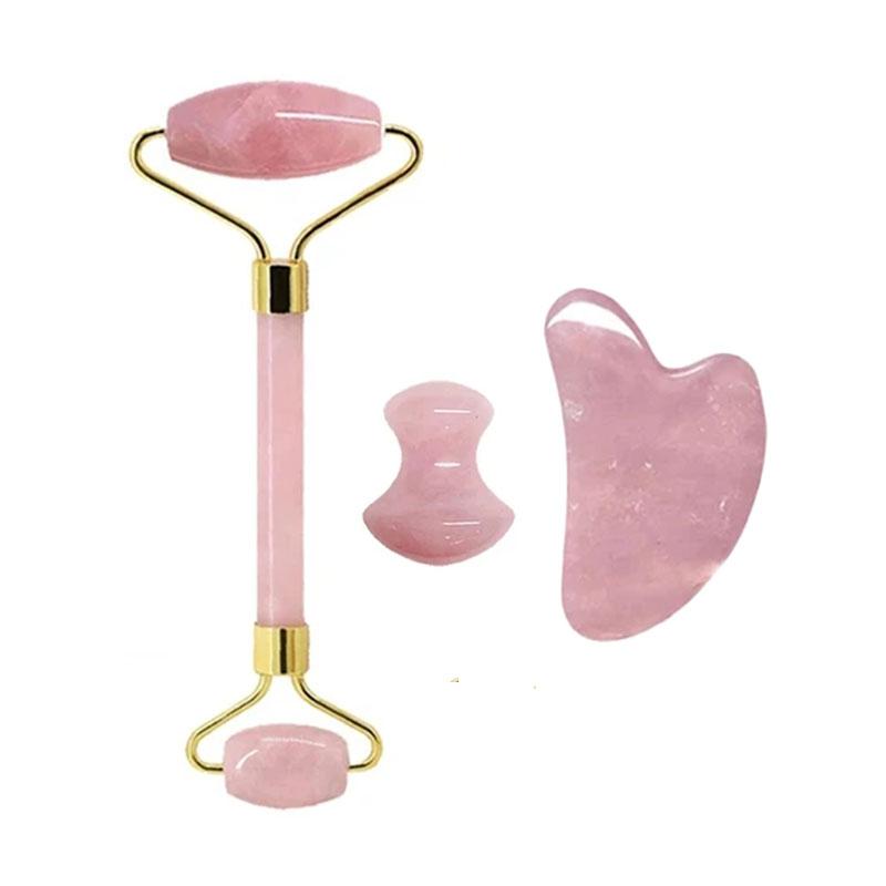 2/3/4 Stück Natürlicher Rosenquarz Obsidian Jade Roller Gua Sha Stein Set Gouache Schaber Gesichtsstraffung Anti-Falten Hautpflege Werkzeuge