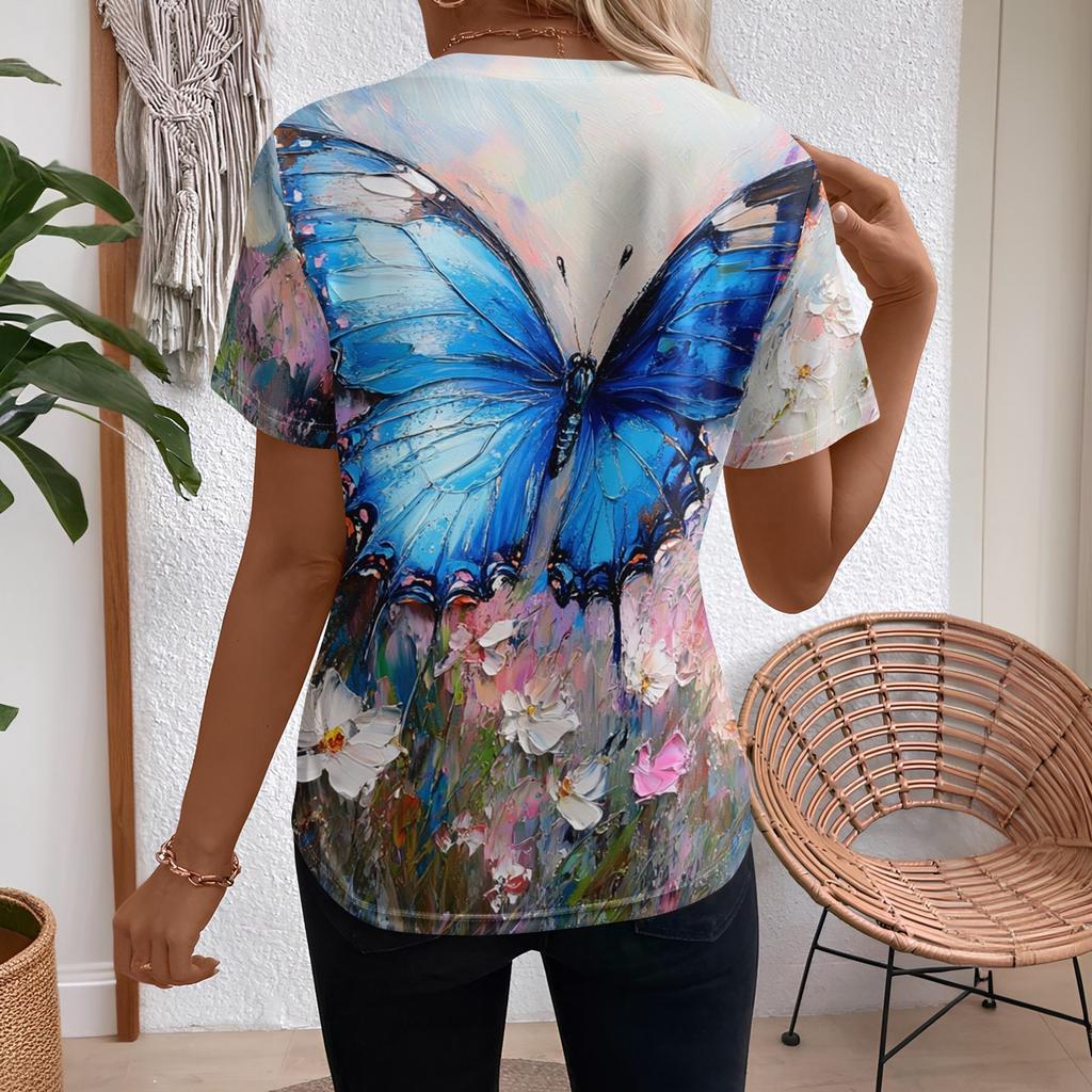 Women's Short Sleeve Tops Pleated  Neck Loose Fit T-Shirt