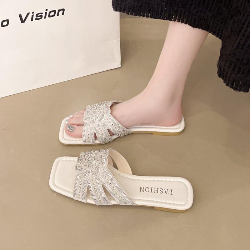 

Модные женские шлепанцы со стразами 2025 лето уличная мода нескользящие пляжные туфли удобные на плоском квадратном каблуке женские сандалии 35 белый