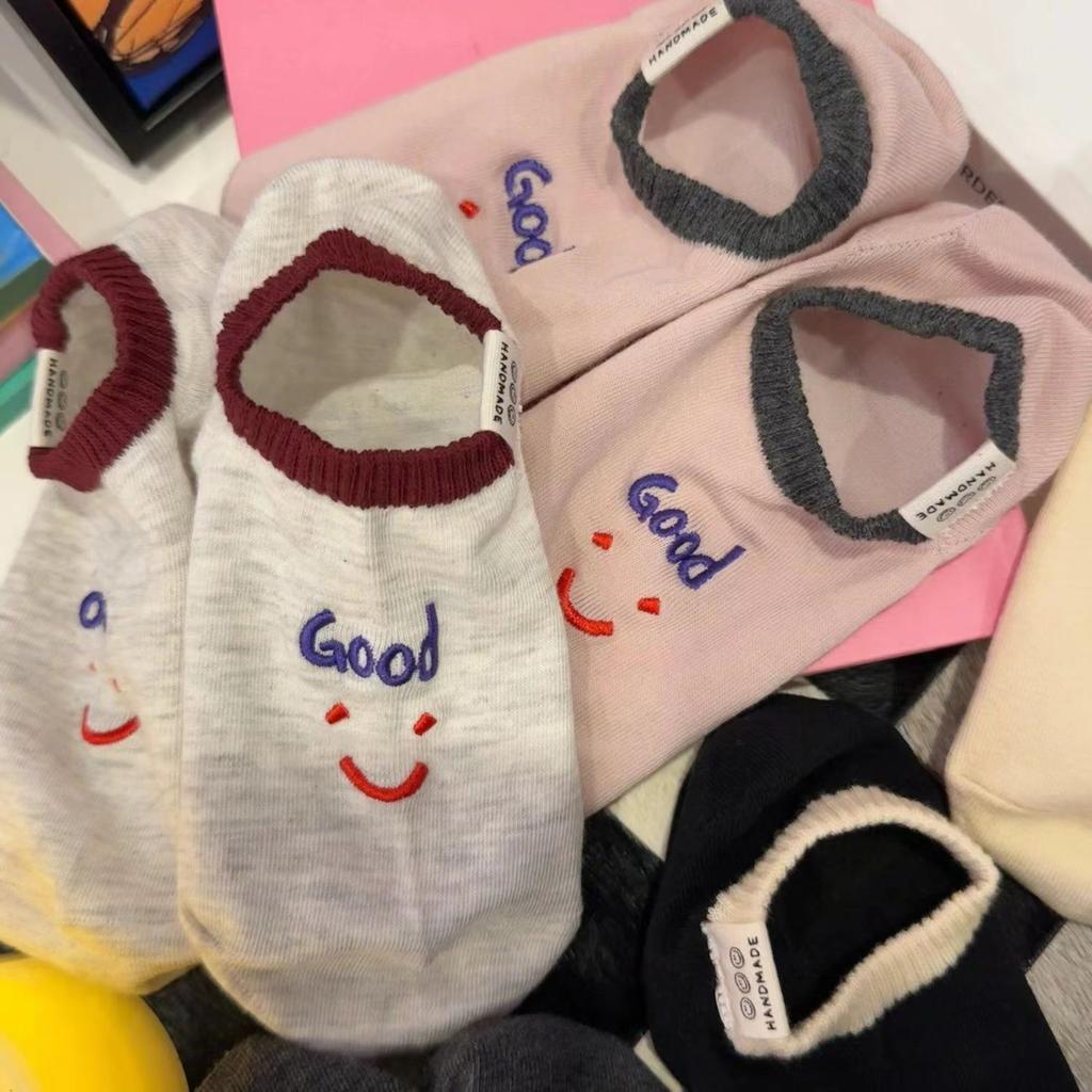 Cloth Label Socks Early Spring Embroidery Smiley Face Letters Do Not Fall Off The Boat Socks Korean Fashion Cute Invisible Socks Cotton
