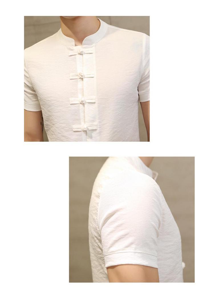 Men's Slim Fit Solid Color Frog Button Stand Collar Short Sleeve Shirt, Plus Size Casual 2025 Summer Collection